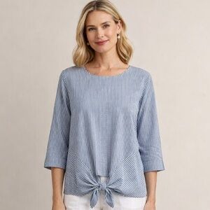 J.Jill Blue White Striped Tie Front Top XS Lightweight Coastal Nautical Modest